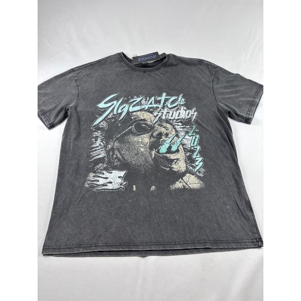 Y2K Grunge Washed Black Graphic Tee Skull Streetwear Distressed‎ Fade NWT M